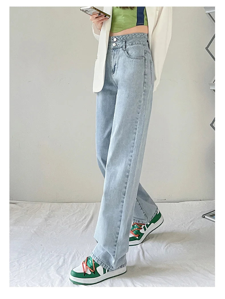 Jeans Women Straight Wide Leg Denim Cream Color High Waisted