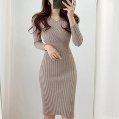 Vintage Long Sleeve Knitted Retro V-neck Dress