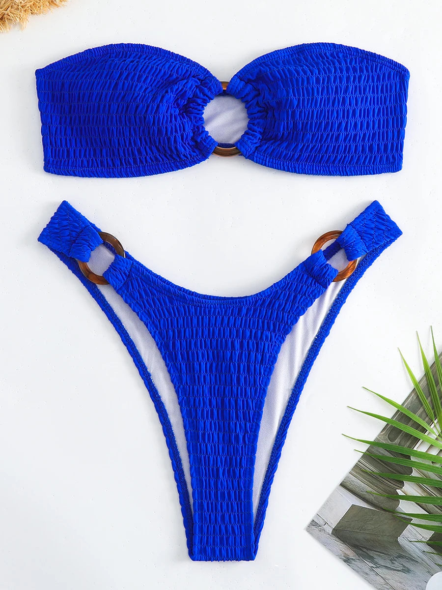 Ring Link Bandeau Bikini Swimwear Solid Beachwear