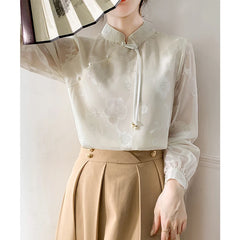 Shirts Blouses Stand Collar Chinese Style Long Sleeve Chiffon