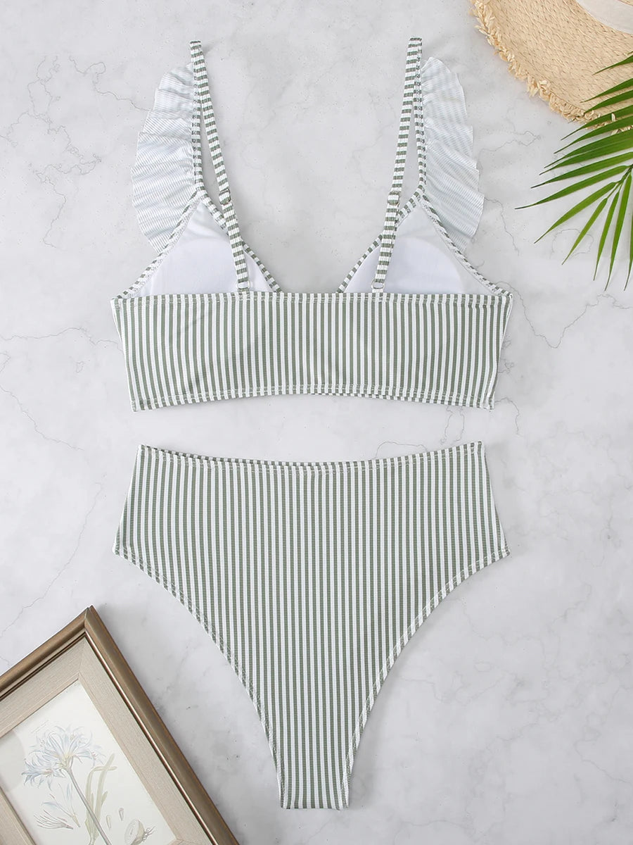 Striped Ruffle Trim Bikini High Waist Swimsuit