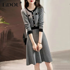 Vintage Houndstooth Elegant Fashion Dress Ladies Knitting