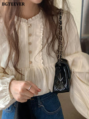 Chic Elegant O-neck Buttons Blouses Tops Long Sleeve