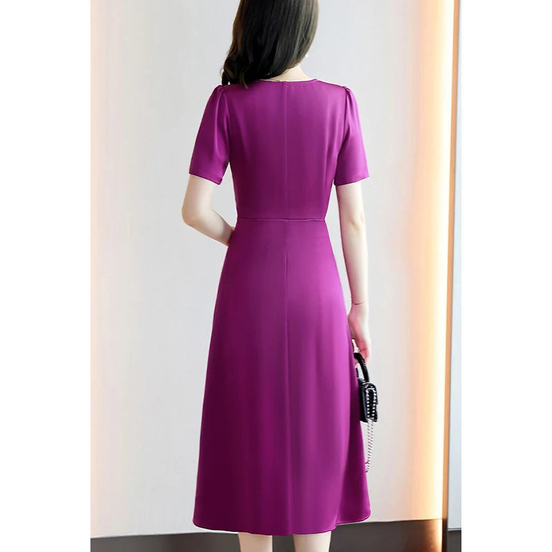 Summer V-neck Elegant Fashion Folds Waist Dress Lady Short Sleeve