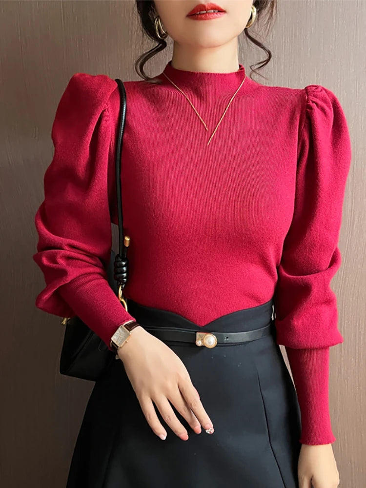 Sweater Turtleneck Slim Fit Basic Pullovers Fashion Knit Puff Sleeve