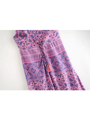 Vintage  Chic Purple Floral Print  Sleeveless Strap Bohemian Dress