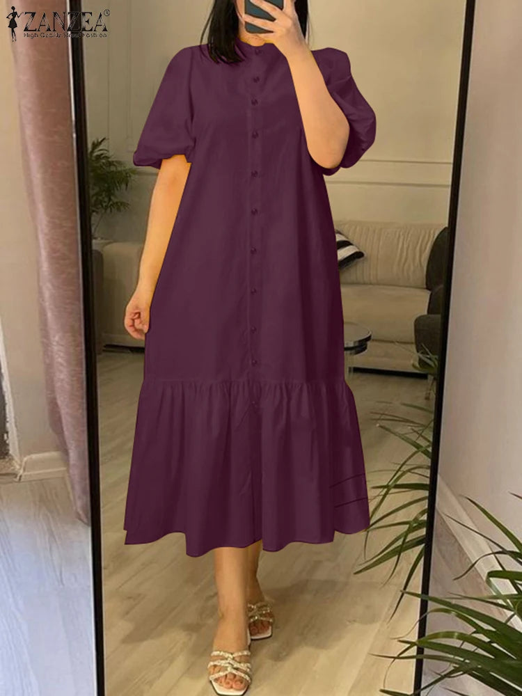 Elegant O Neck Puff Sleeve Sundress Stylish Women Shirt Dres