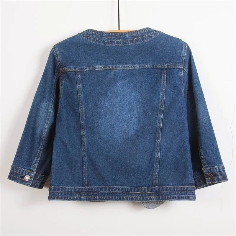 Women Denim Jackets Three-Quarter Sleeve O-Neck Single-Breasted Outerwear