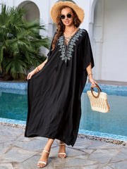 Embroidered V-neck Tassel Batwing Sleeve Kaftan Beach Dress