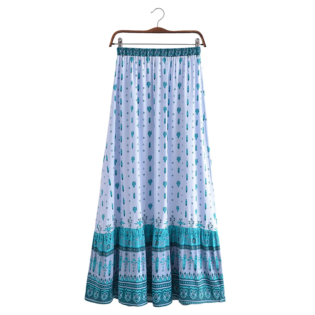 BOHO Light blue Contrast Small Flower Print Long Skirt