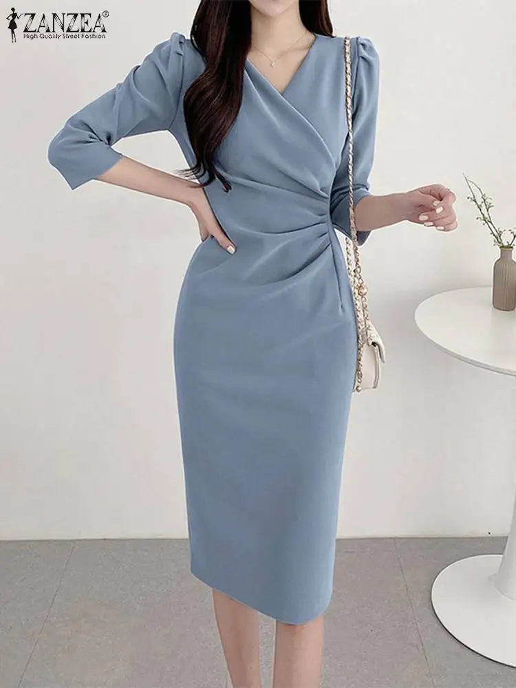 Summer Fashion Dress Solid Color Knee Length 3/4 Sleeve V-Neck