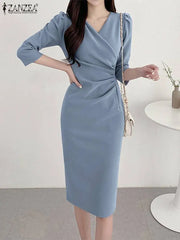 Summer Fashion Dress Solid Color Knee Length 3/4 Sleeve V-Neck