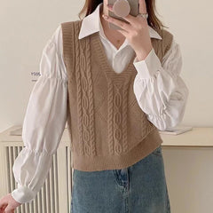 Women V-neck Sweater Vest Solid Sleeveless Preppy Style