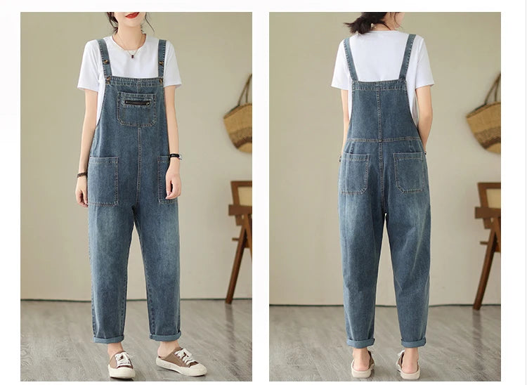 Fashion Denim Jumpsuit Casual Multiple Pockets Cargo Overalls