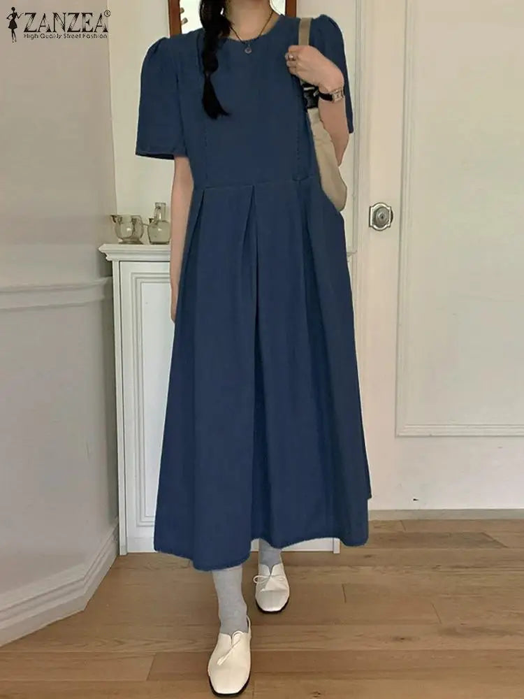 Casual Denim Summer Short Sleeve Pleated Midi Dress