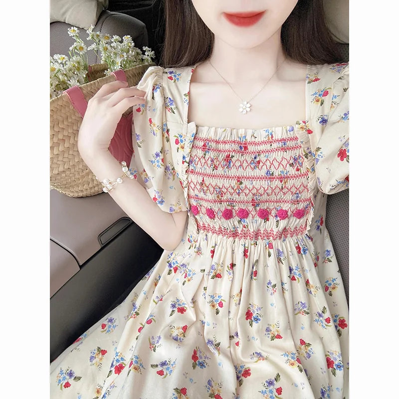 Square Collar Floral Printing A-line Dress Female Folds Patchwork Puff Short Sleeve
