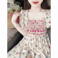 Square Collar Floral Printing A-line Dress Female Folds Patchwork Puff Short Sleeve
