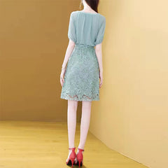 Fashion Lace Chiffon Patchwork Dresses Office Lady Short Sleeve Simple