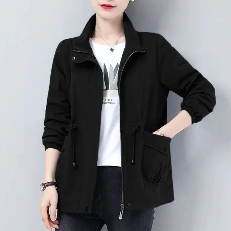 Double Layer Plus Size Lining Windbreaker Drawstring Waist Stand Collar Jacket