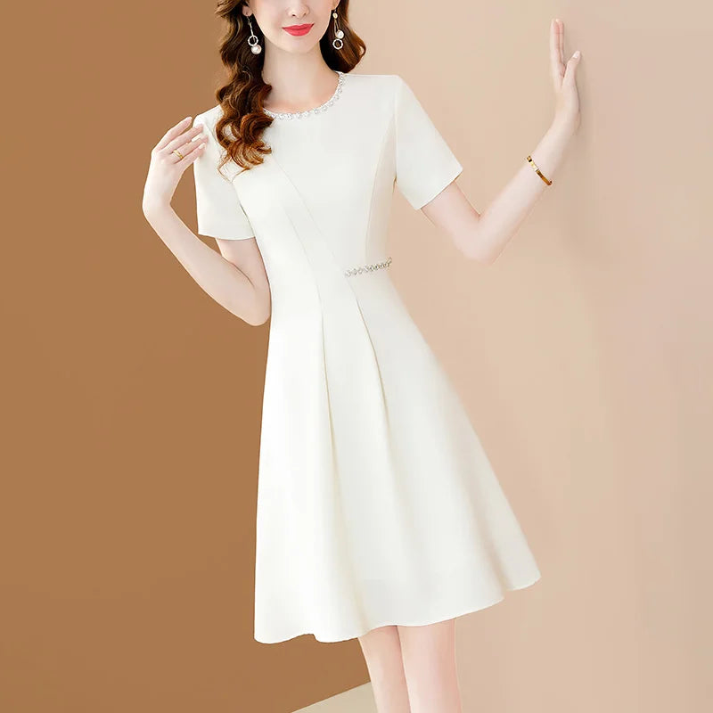 Women Chic Beading Chiffon O-neck Elegant White Office  A-LINE Dresses