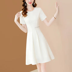 Women Chic Beading Chiffon O-neck Elegant White Office  A-LINE Dresses