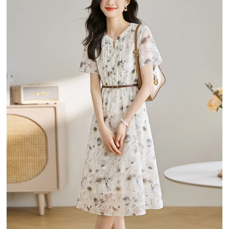 V-neck Elegant Fashion Floral Printed Midi Dress