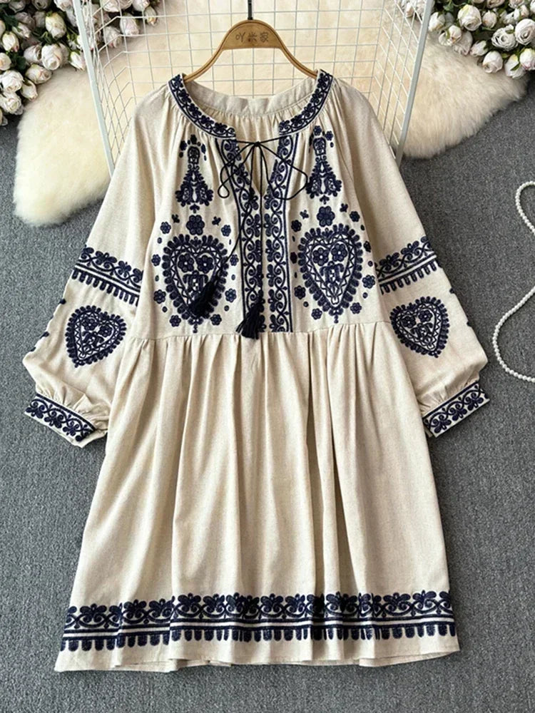 Bohemian Retro Ethnic Style Blend Embroidered Long Sleeves Mini Dress