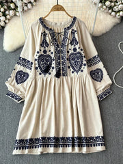 Bohemian Retro Ethnic Style Blend Embroidered Long Sleeves Mini Dress