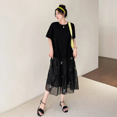 Pleated Loose Plus Size Patchwork Black T-Shirt Dress Casual