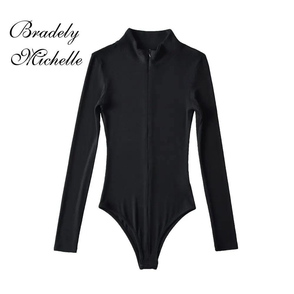 Women's Slim Standing Collar Zipper Long Sleeve Jumpsuit Solid