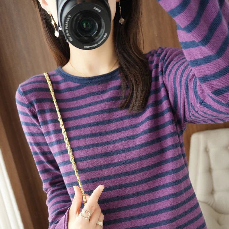 Sweater Curled O-neck Strip Pullover Casual Knit Clothing Fashion