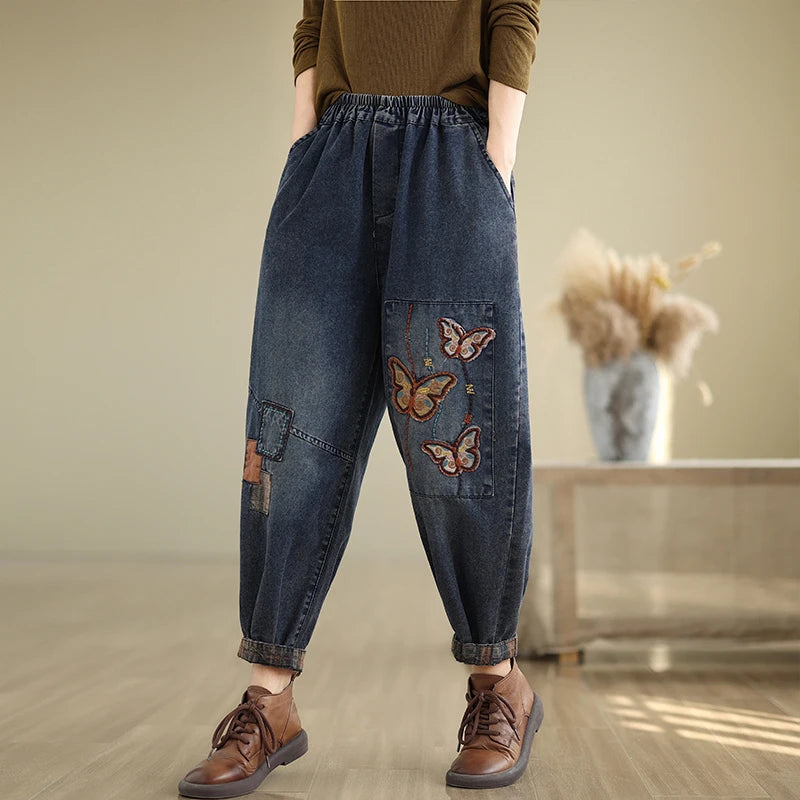 Patchwork Jeans Elastic Waist Loose Casual Retro Ankle Length Trouser