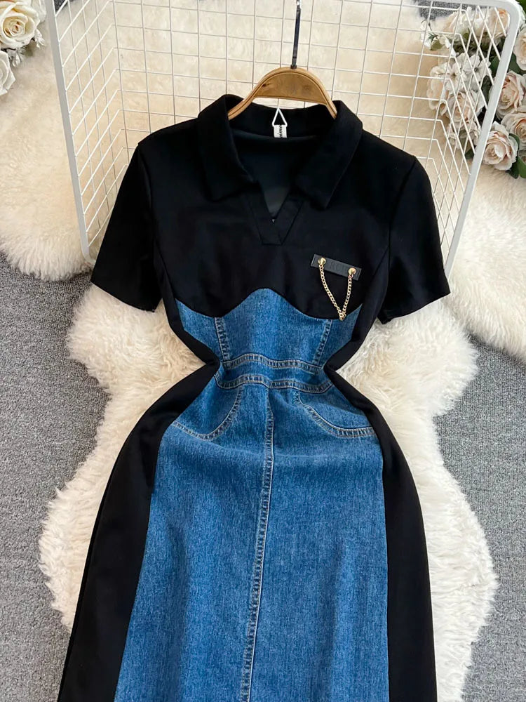 Fashion Short-sleeve V-neck Denim Patchwork Dresses