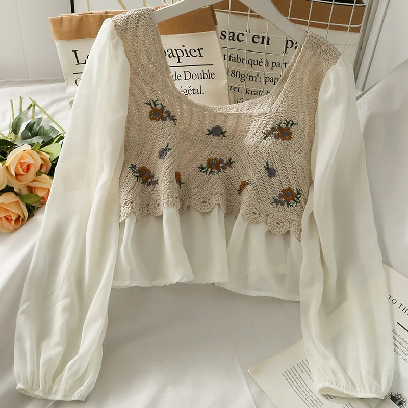 Crochet Top with Chiffon Flower Embroidery Long Sleeve Blouse