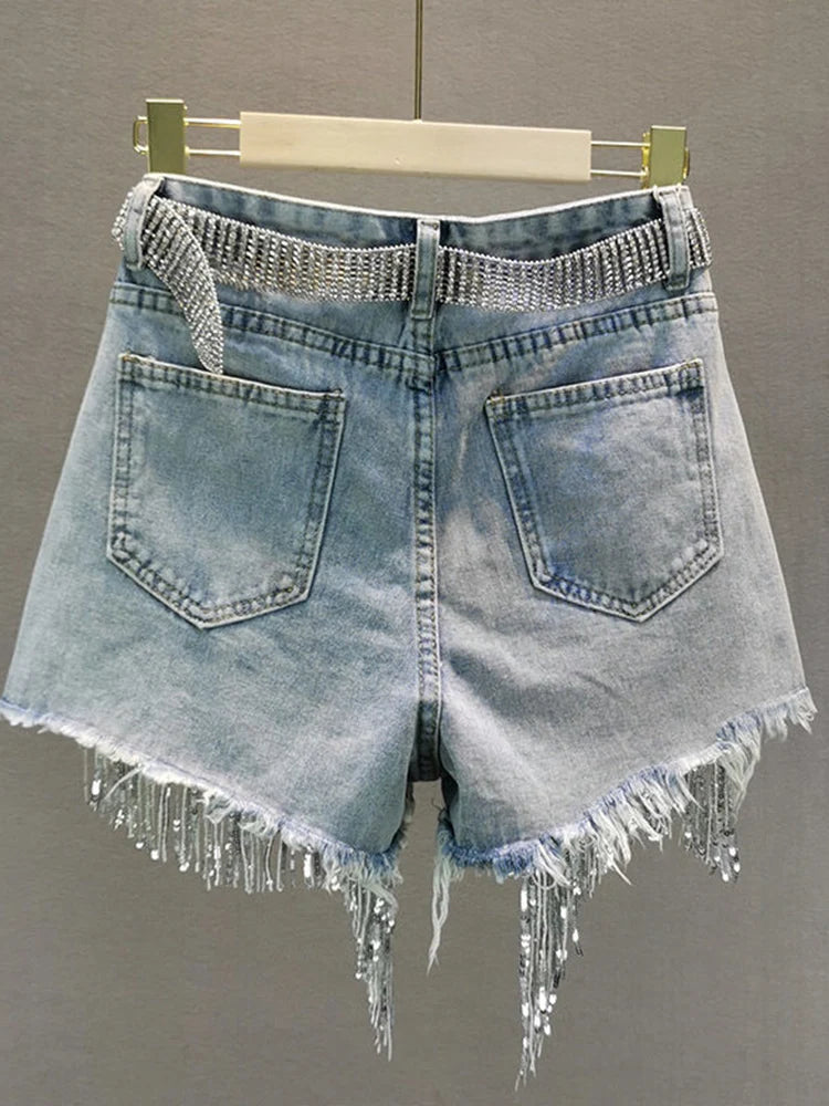 Summer Elegant Shorts Tassel Beading High Waist Wide Leg Denim Shorts