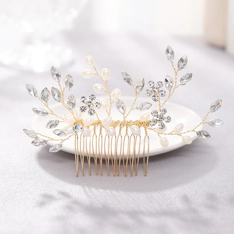 Crystal Pearl Hair Comb Clip Pin Alloy Leaf Hair Comb