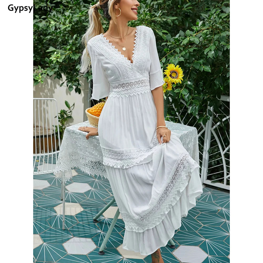 White Lace Maxi Dress Cotton Vintage Casual Chic Ruffle Boho