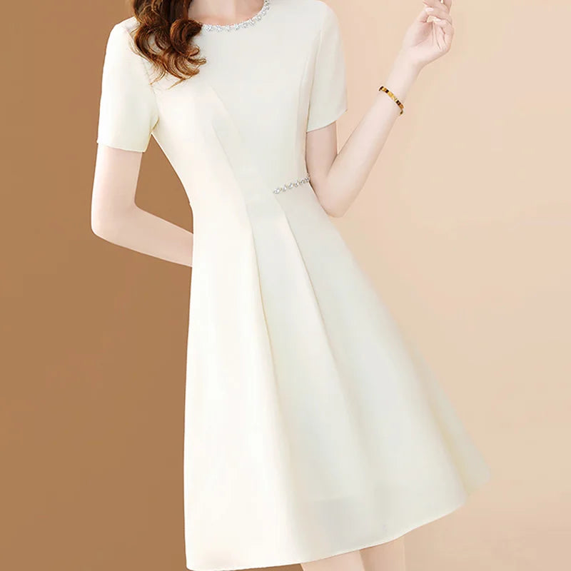 Women Chic Beading Chiffon O-neck Elegant White Office  A-LINE Dresses