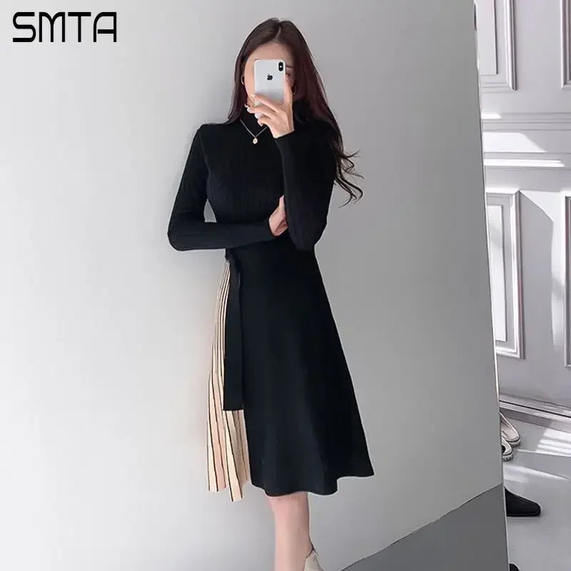 Vintage Elastic Knitted Sweater Midi Dresses Fashion Office Style