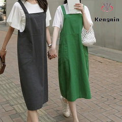 Fashion Cotton Linen Spaghetti Strap Dress Loose Pockets