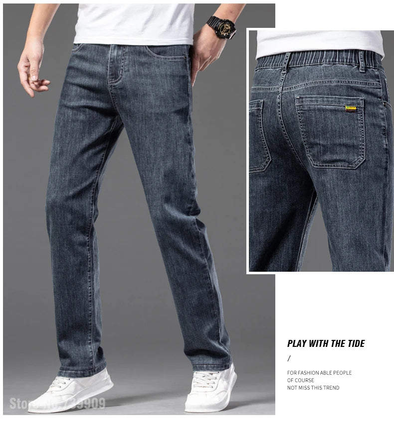 Summer Men's Thin Jeans Elastic Waist Fashion Casual Denim