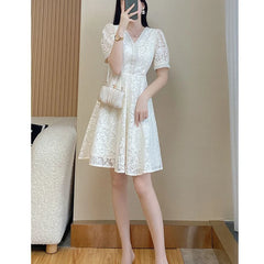 Fashion V-neck Elegant Beading Waist A-line Lace Dress