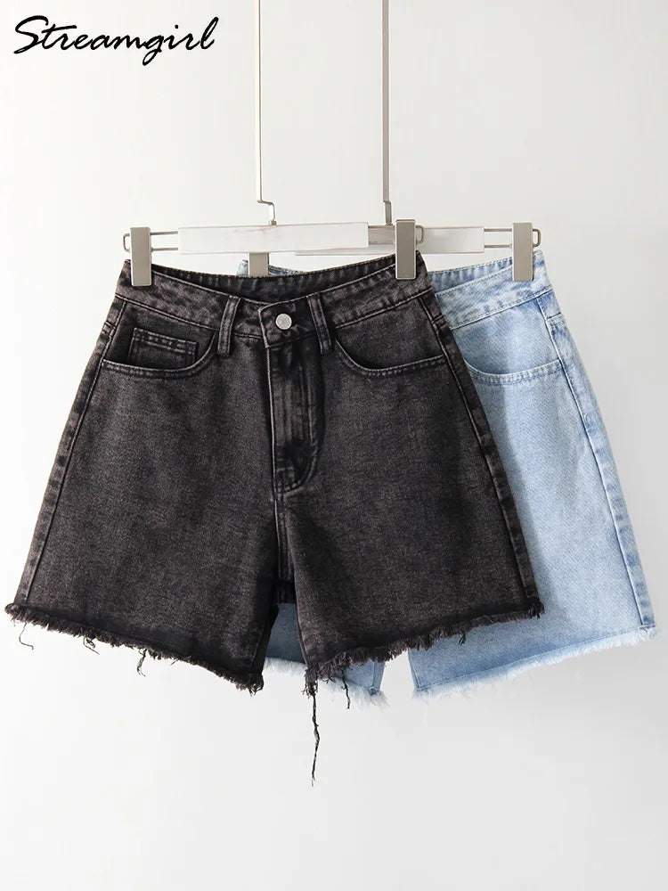 Blue Denim Shorts Women Jeans Long High Waist