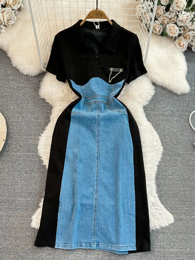 Fashion Short-sleeve V-neck Denim Patchwork Dresses