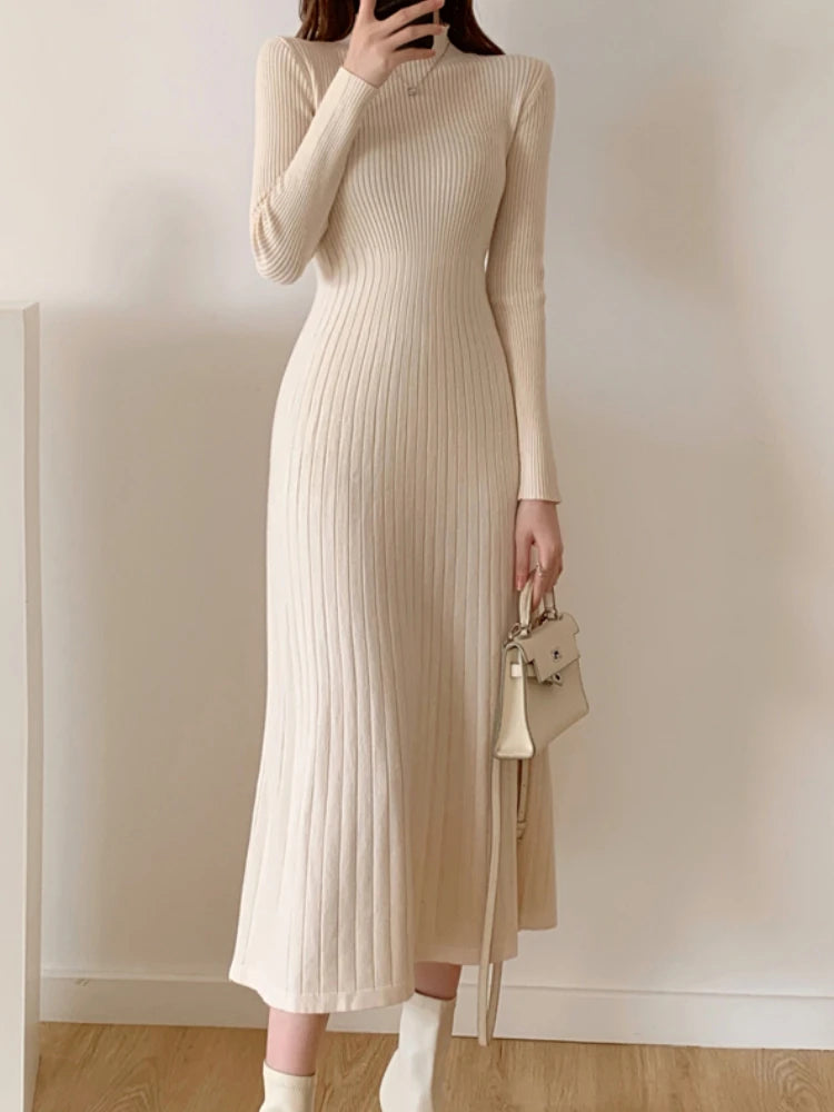 Long Sleeve Party Midi Knitted Half High Collar Knitted Sweater Dresses