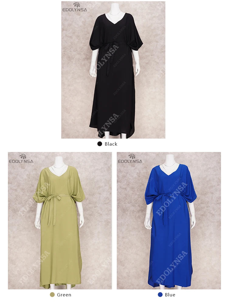 Solid Blue Plus Size Long Kaftan Casual V-neck Robe Maxi Dress