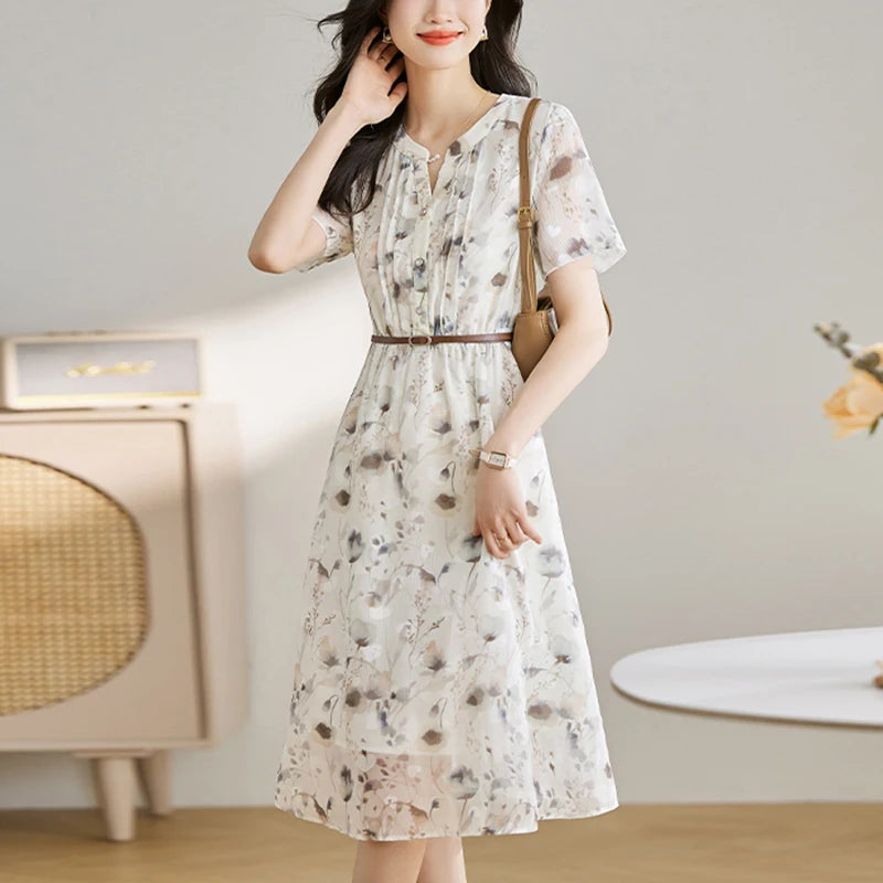 V-neck Elegant Fashion Floral Printed Midi Dress