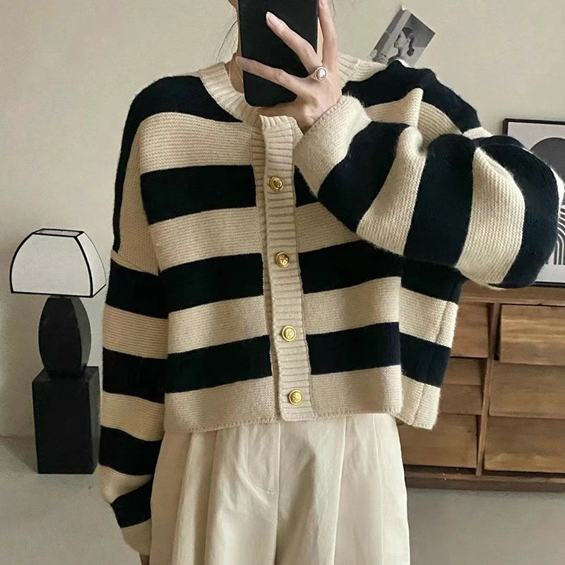 Striped Knitted Button Up Loose Cardigan Sweaters