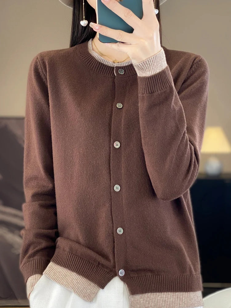 Knitted Cardigan Sweater Clothing O-neck Patchwork Long Sleeve Tops