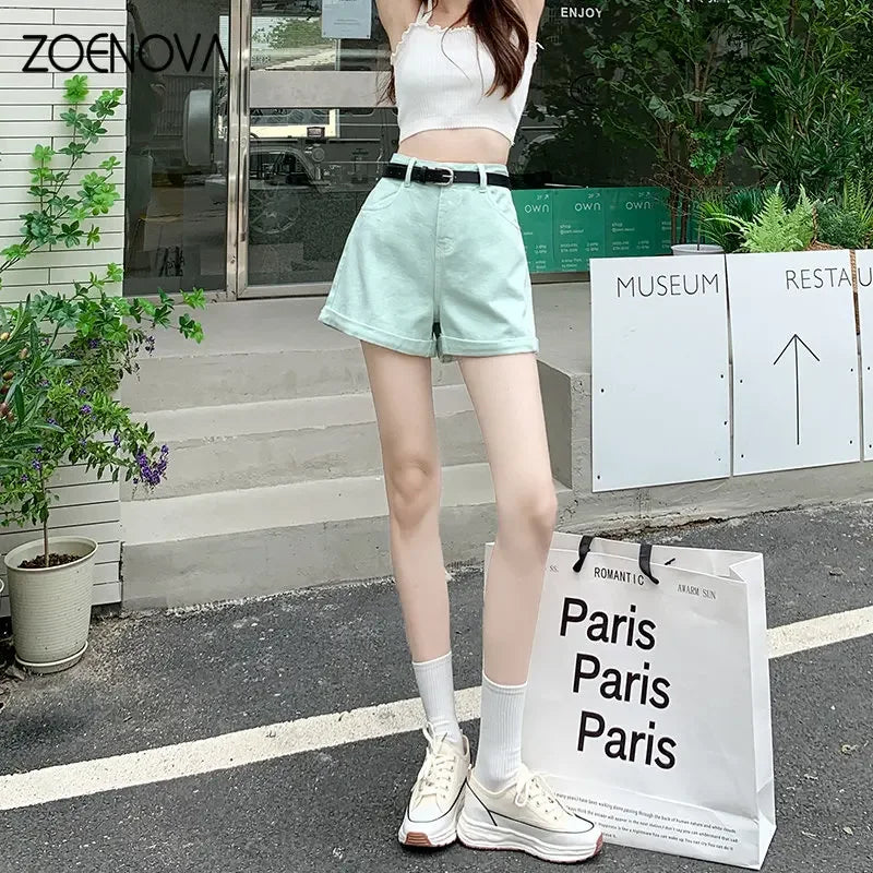 Style High Waist Denim Rolled Edge In Candy Colors All Match Shorts